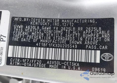 2013 Toyota Camry Se from USA, damaged, VIN 4T1BF1FKXDU205549